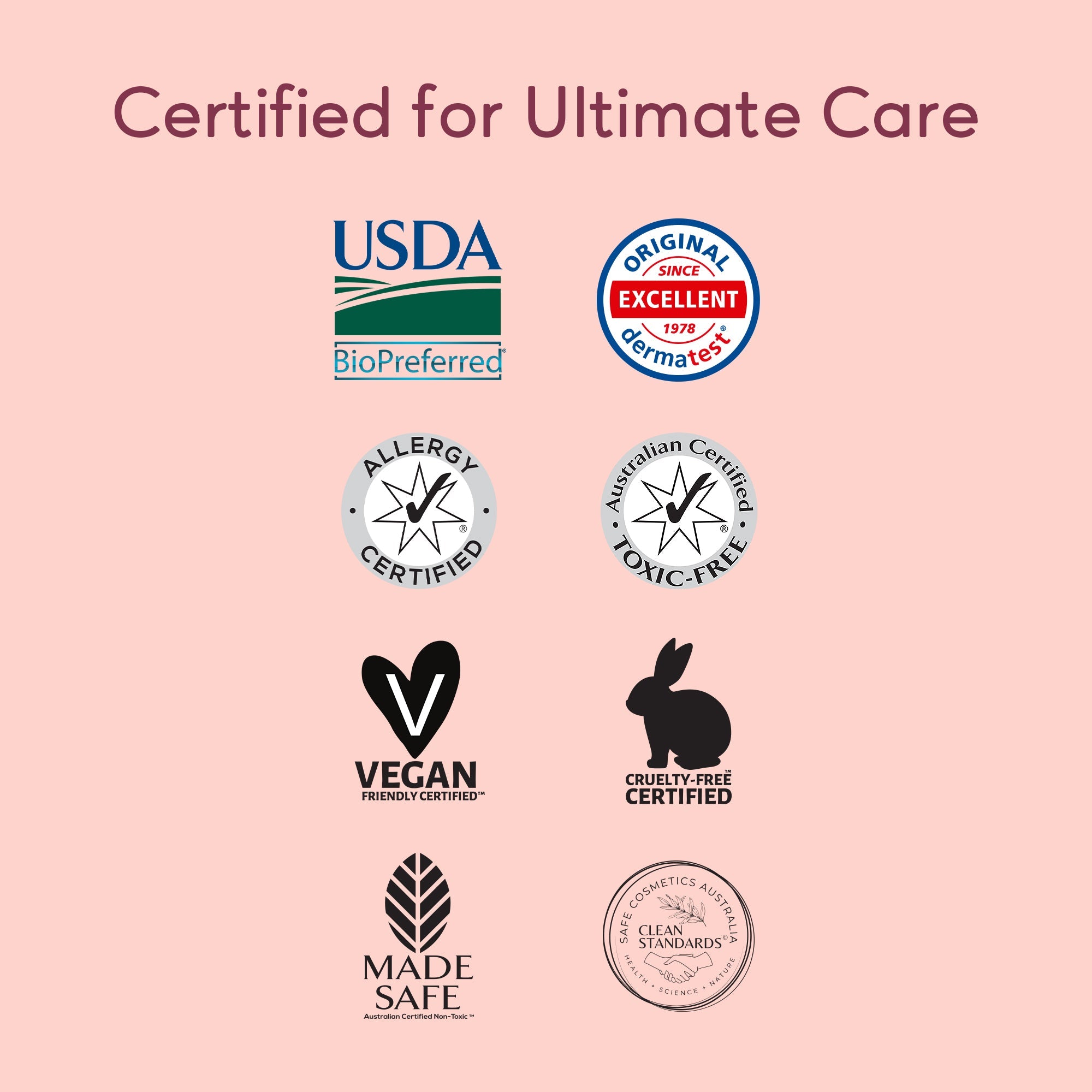 Collection of certification logos on a pink background